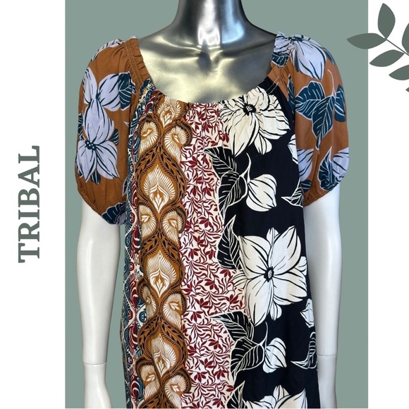 Tribal Dress With Bubble Sleeves Swimsuit Cover Up Black Brown Blue - Picture 6 of 8